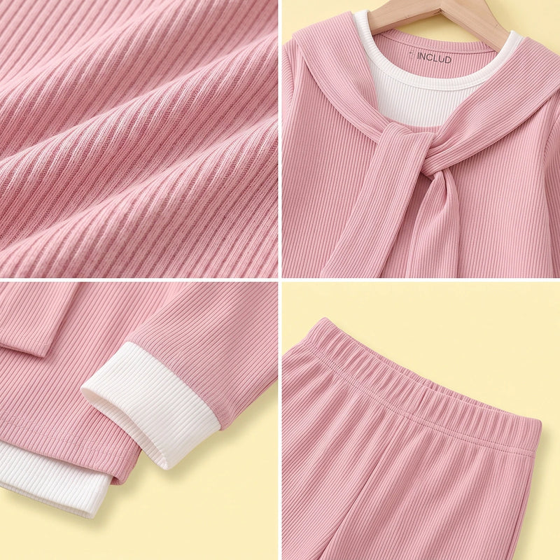 Girls Pink Ribbed Sailor Collar Overlay Top & Pants Co-ord Sets Sets