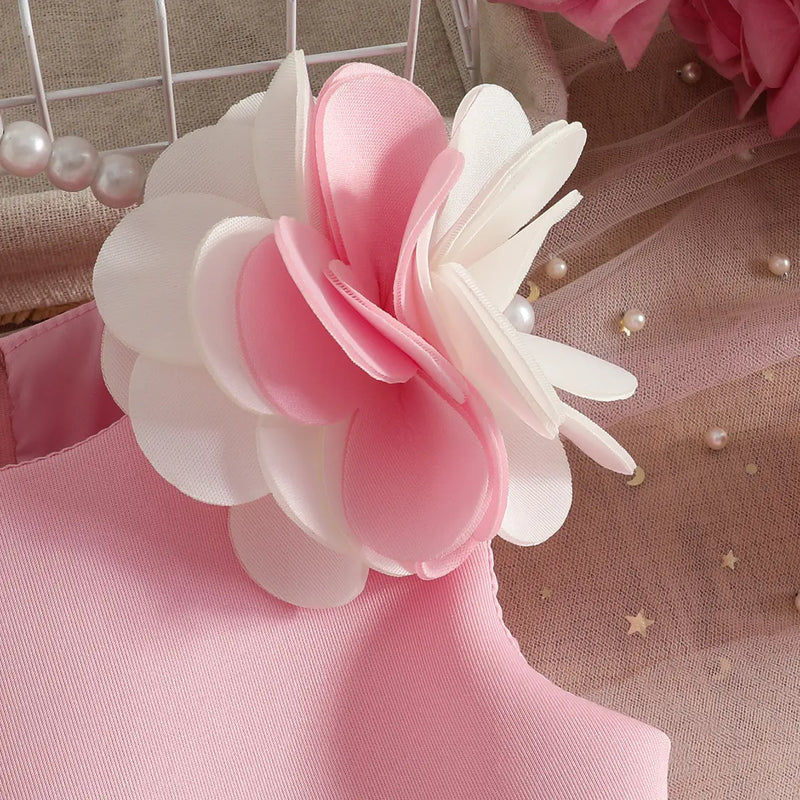 Girls Pink Sleeveless Fit & Flare Party Wear Dress With Delicate Floral Appliques Party Dresses