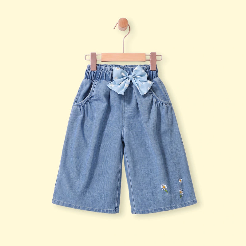 Girls Blue Floral Embroidered Relaxed Fit Denim Pants Pants Blue 1-2 Y