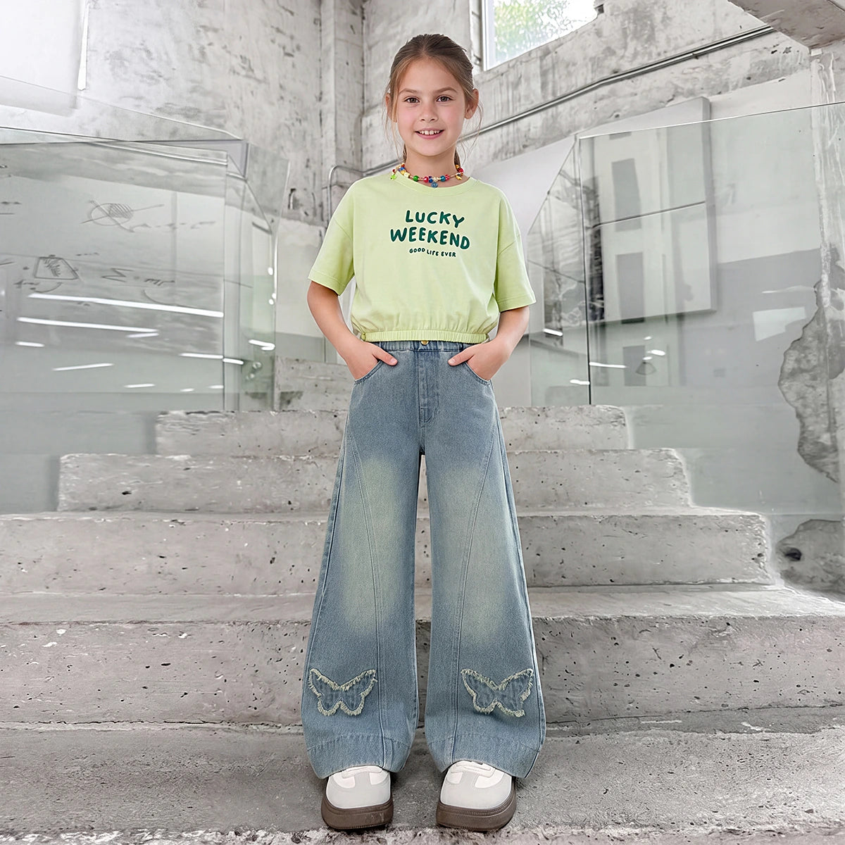 Girls Light Blue Butterfly Applique Relaxed Fit Denim Jeans Pants Light Blue 5-6 Y