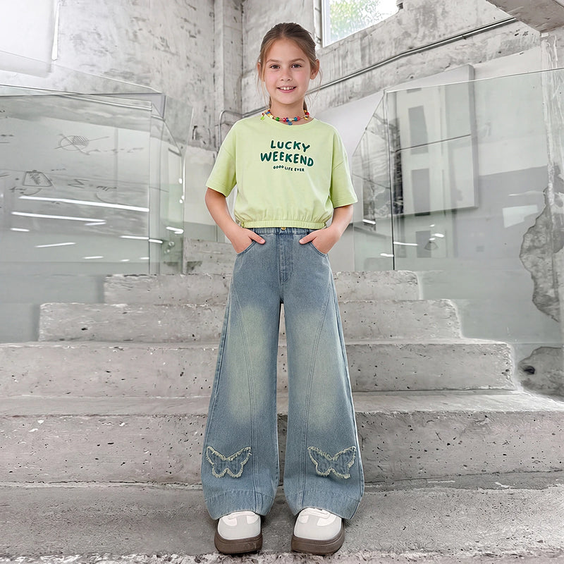 Girls Light Blue Butterfly Applique Relaxed Fit Denim Jeans Pants Light Blue 5-6 Y