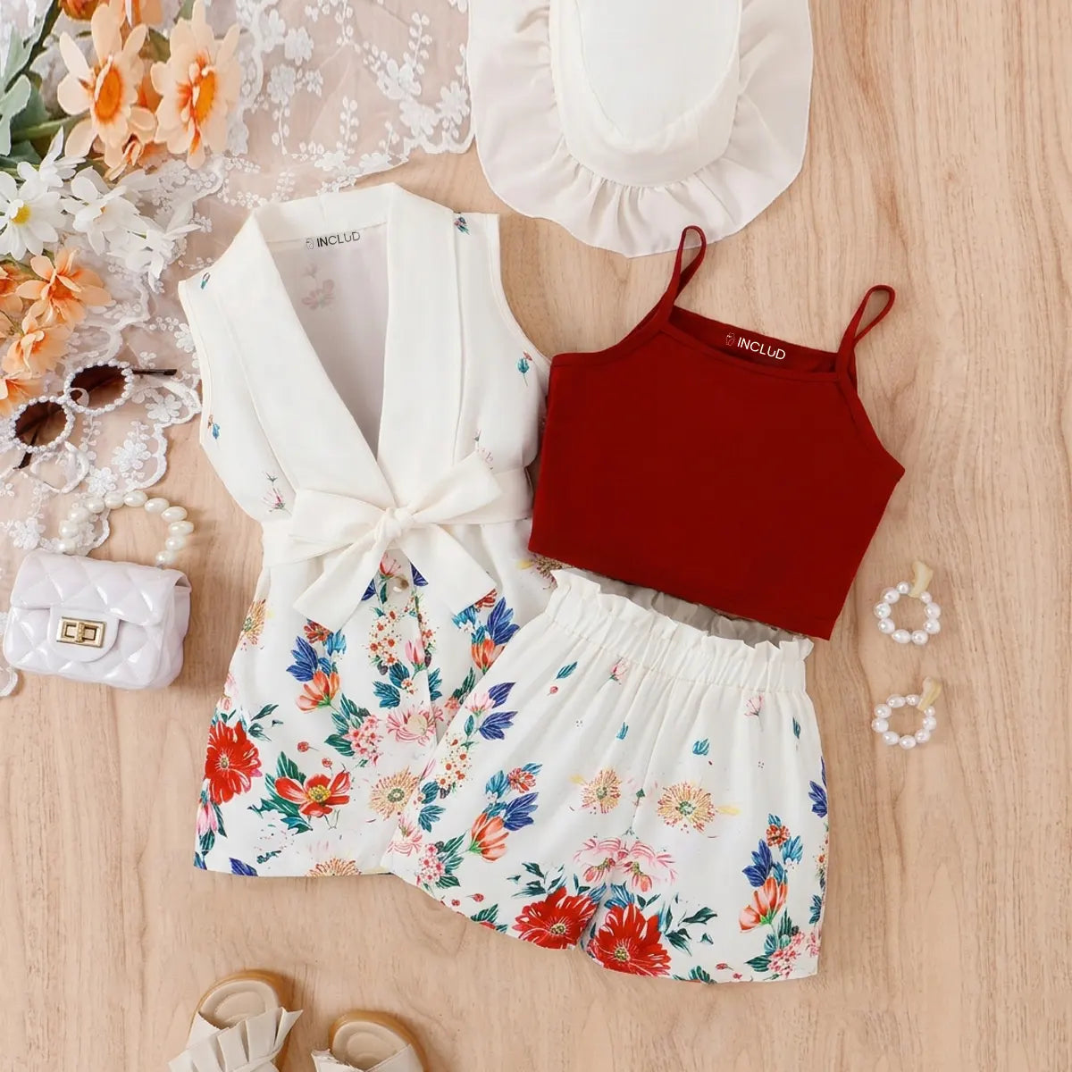 Girls White Floral Print Sleeveless Dress With Cami Top And Shorts Sets 3 pc. Sets