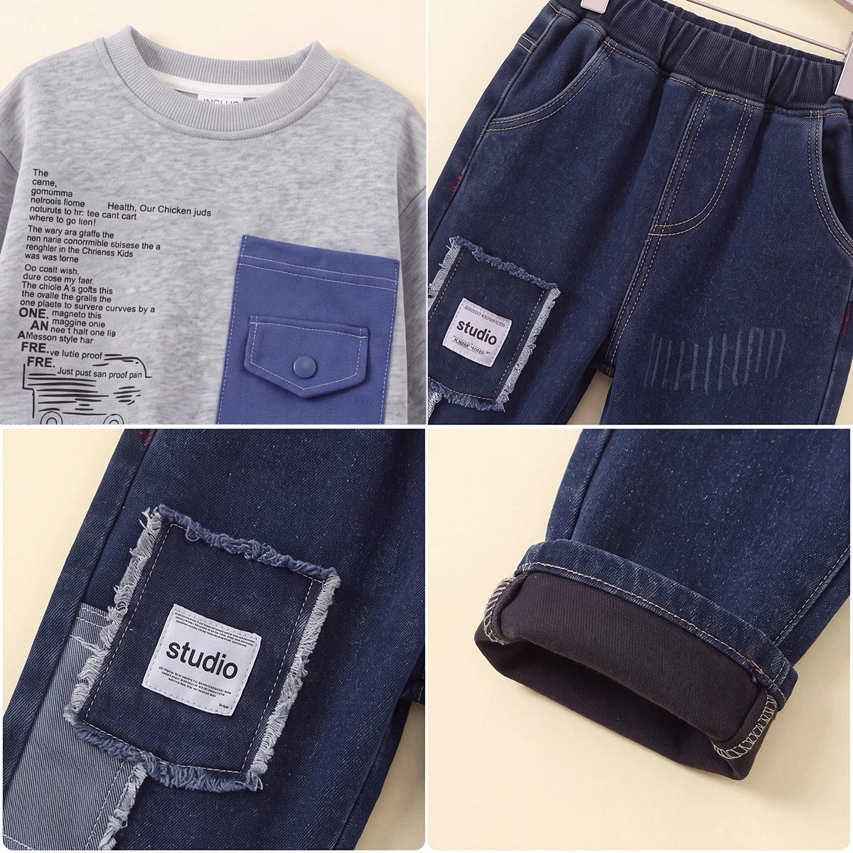 Boys Grey Typographic Printed Sweatshirt With Denim Pants Set Sets