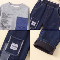 Boys Grey Typographic Printed Sweatshirt With Denim Pants Set Sets