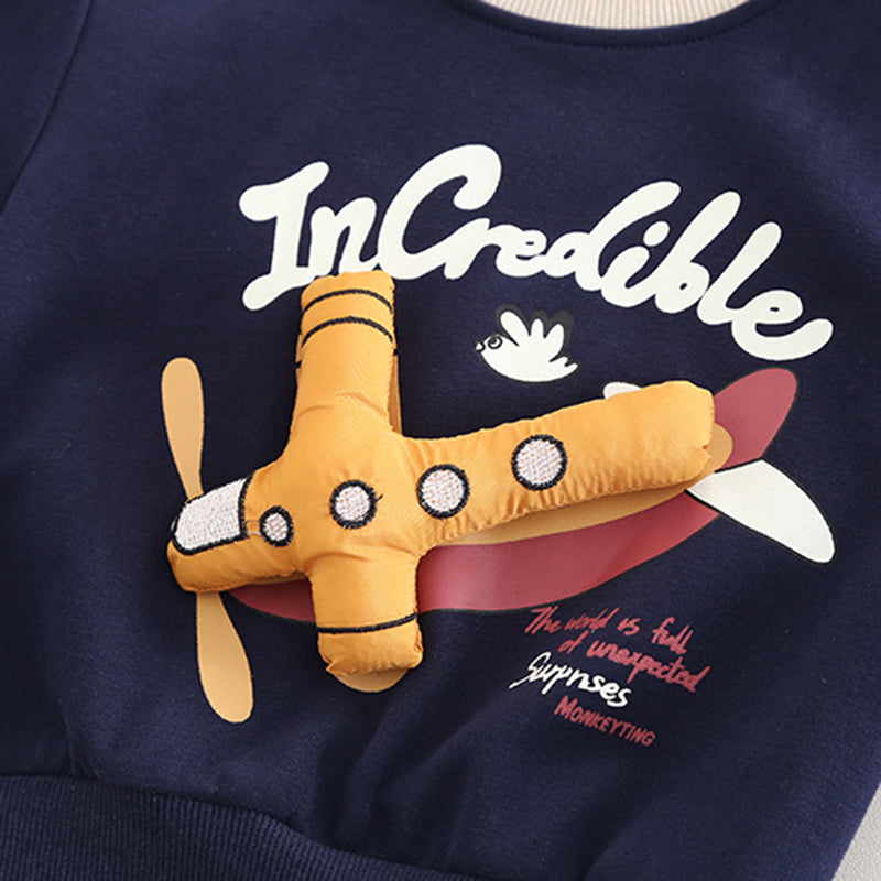 Boys Navy Blue Aeroplane Applique Sweatshirt With Pants Set 2 pc. Sets