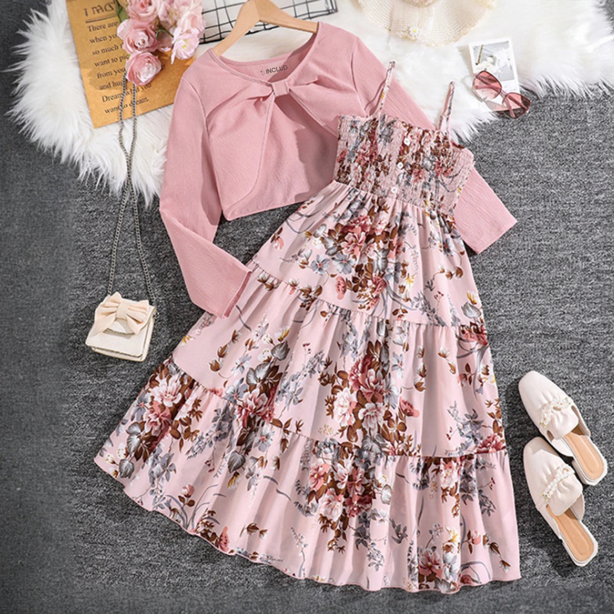 Girls Pink Floral Print Sleeveless Tiered Dress With Shrug Casual Dresses Pink 1-2 Y