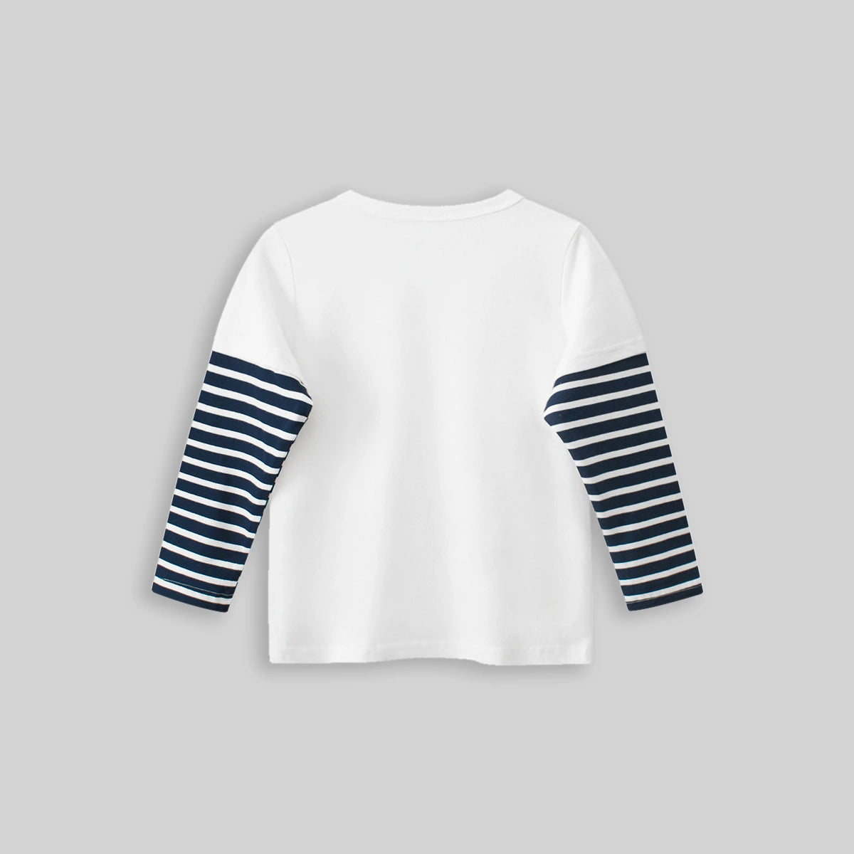 Boys White Dinosaur Cartoon Printed T-Shirt With Striped Long Sleeves Tshirts