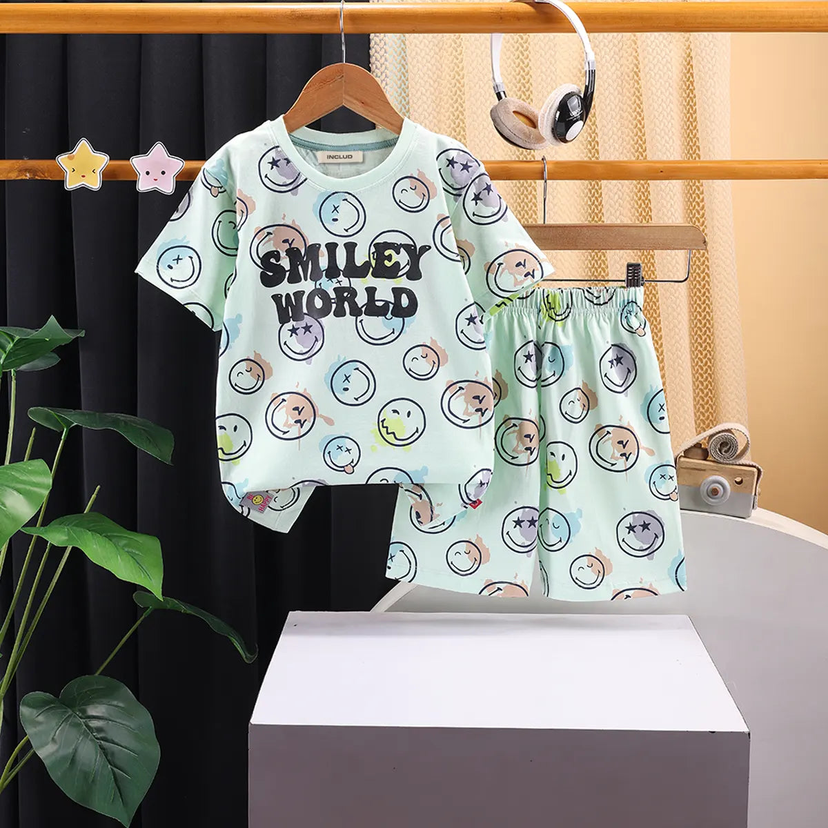 Boys Green Smiley World Graphics T-Shirt With Elasticated Shorts Sets 2 pc. Sets Green 3-4 Y