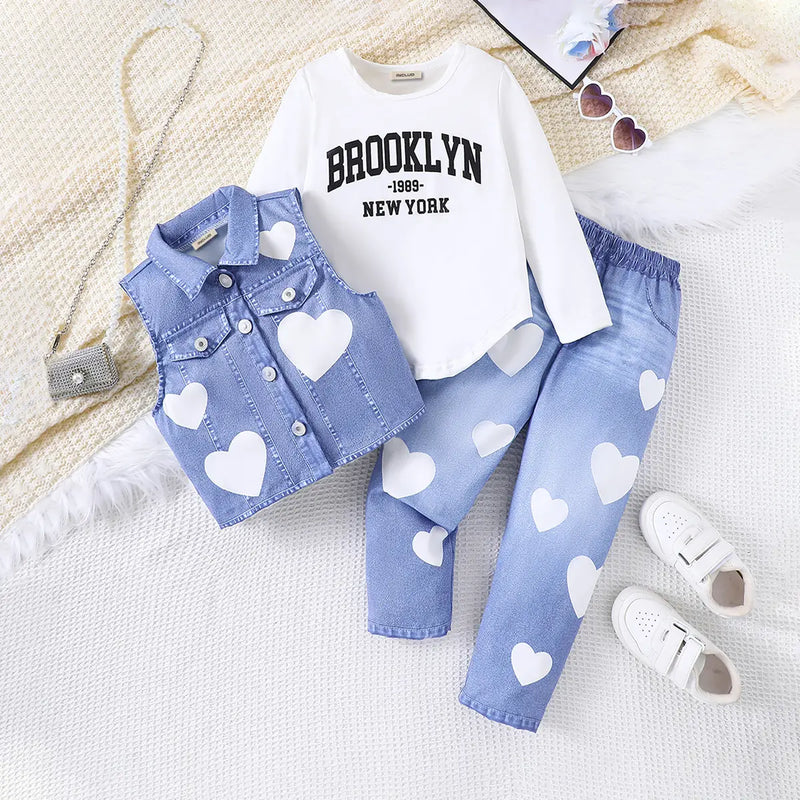 Girls Blue Heart Printed Faux Denim Vest & Pants With Long Sleeves Top Sets Sets Blue 3-4 Y
