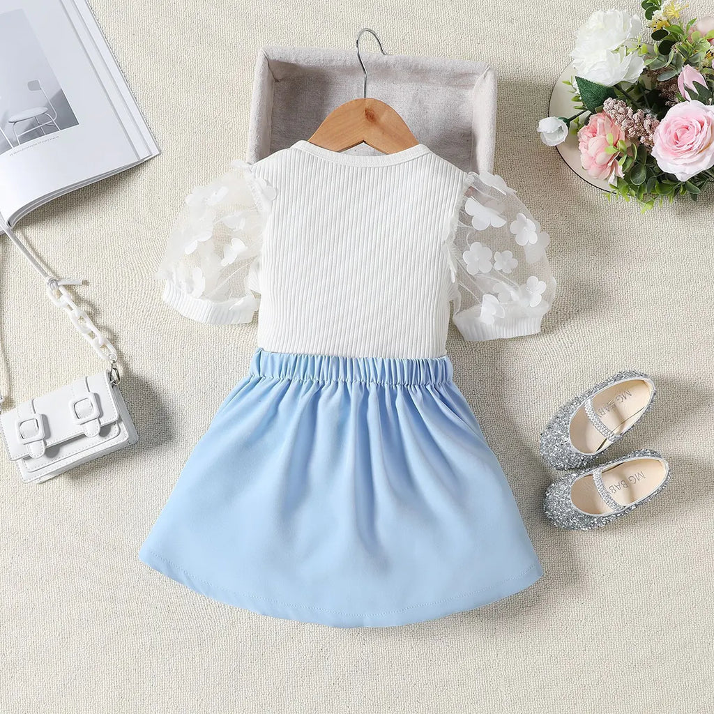 Girls Ribbed Short Sleeve Top With Light Blue Pleated Skirt Sets 2 pc. Sets