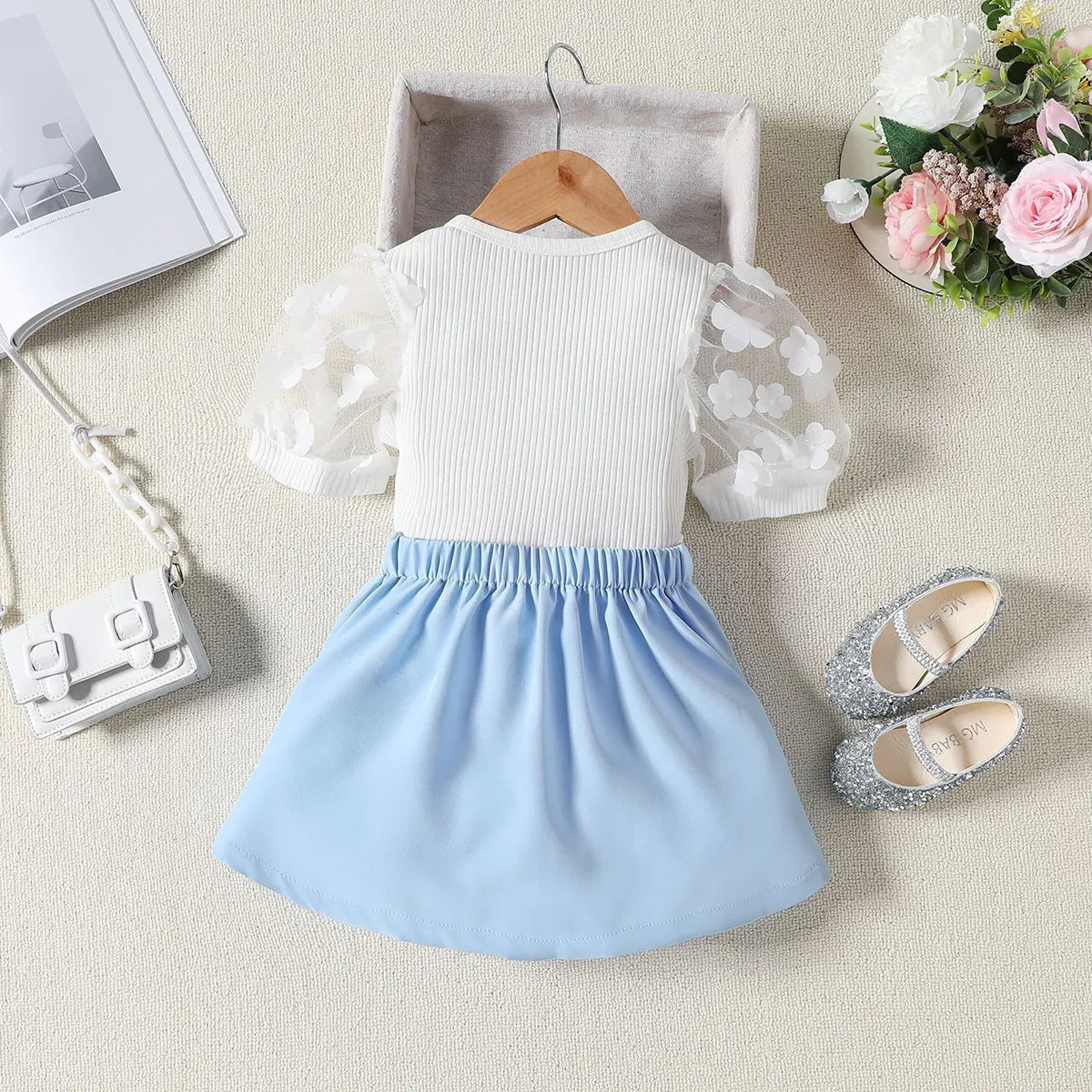 Girls Ribbed Short Sleeve Top With Light Blue Pleated Skirt Sets 2 pc. Sets