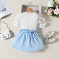 Girls Ribbed Short Sleeve Top With Light Blue Pleated Skirt Sets 2 pc. Sets