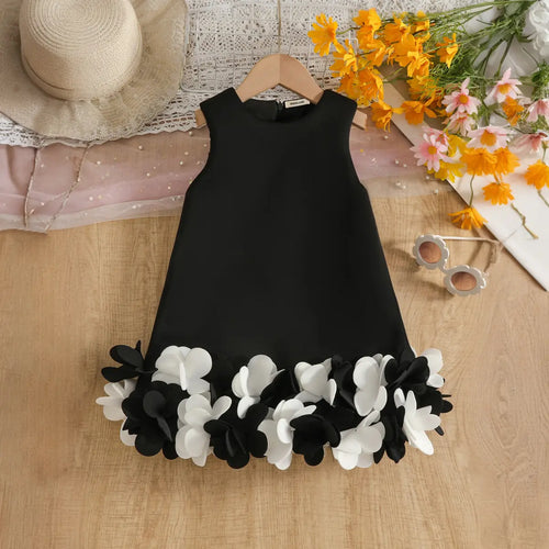 Girls Black Sleeveless A-line Party Wear Dress With Floral Applique Party Dresses Black 2-3 Y
