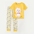 Girls Yellow Cat Print T-shirt with Floral Print Pajama Set Sets Yellow 3-4 Y