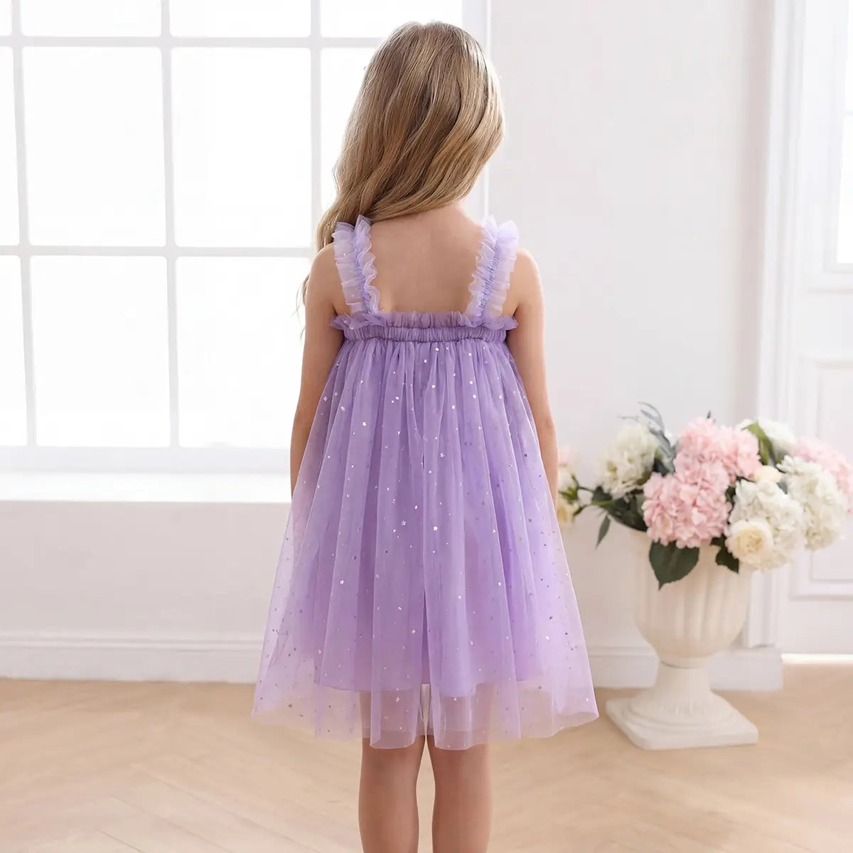 Girls Purple Polka Dot Print Tulle Overlay Sleeveless A-line Dress Casual Dresses