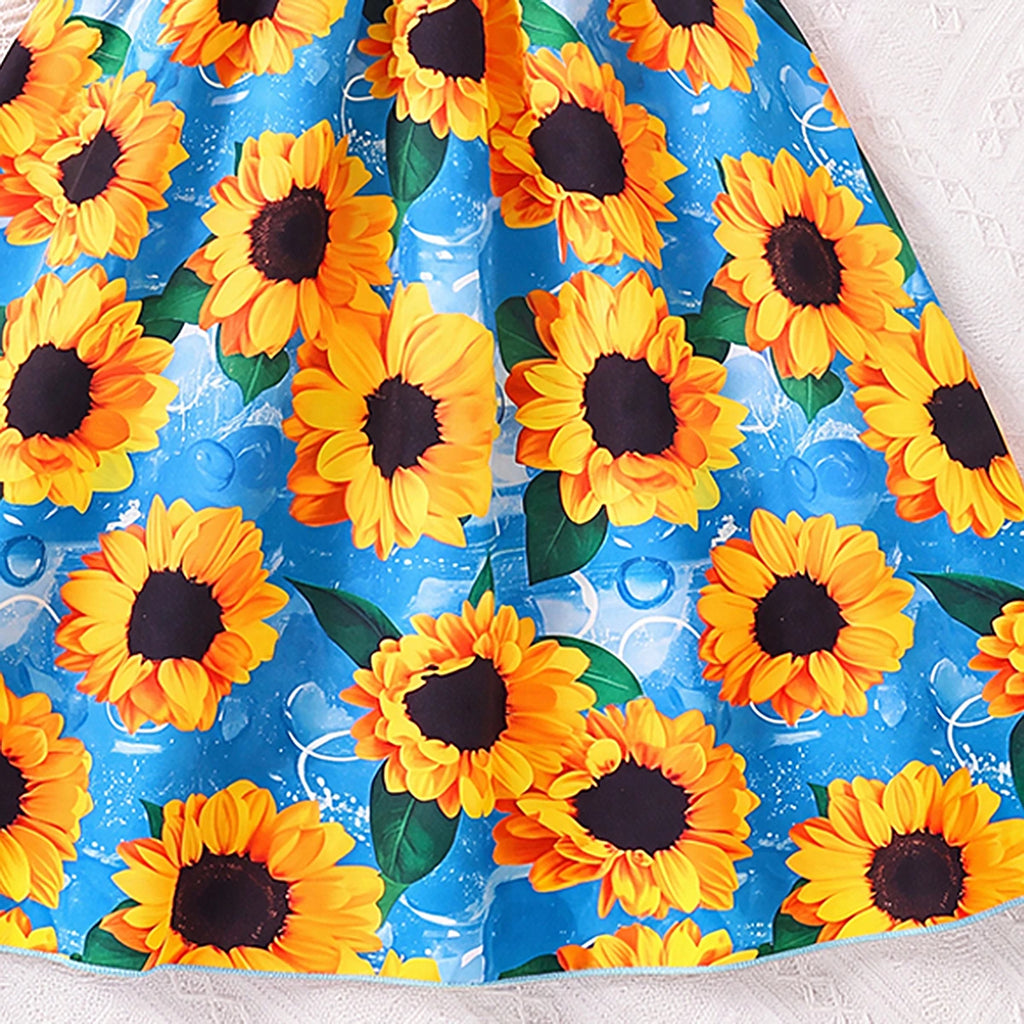 Girls Blue Floral Print Sleeveless Fit & Flare Dress Casual Dresses