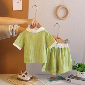 Girls Green Textured Polo T-Shirt With Shorts Co-ord Sets Sets