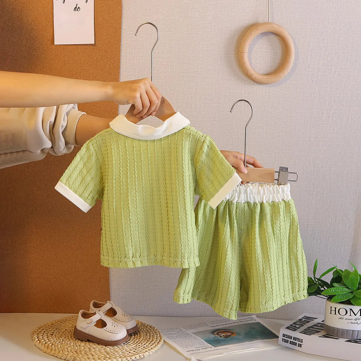 Girls Green Textured Polo T-Shirt With Shorts Co-ord Sets Sets