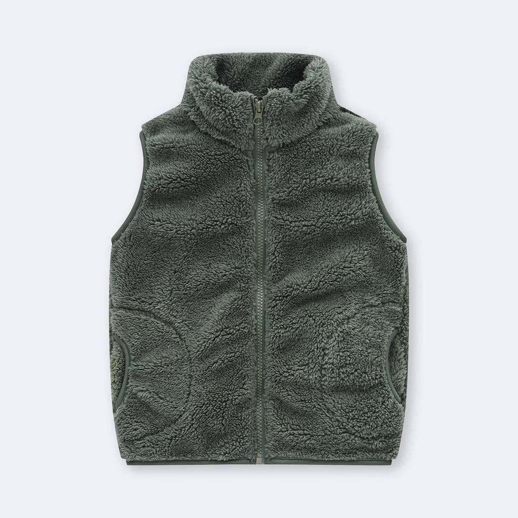 Girls Army Green Fleece Front Zipper Sleeveless Winter Jacket Coats & Jackets