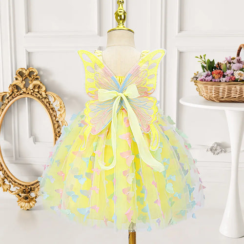 Girls Lime Yellow 3D Butterfly Wing Applique Tulle Overlay Fit & Flare Dress Casual Dresses