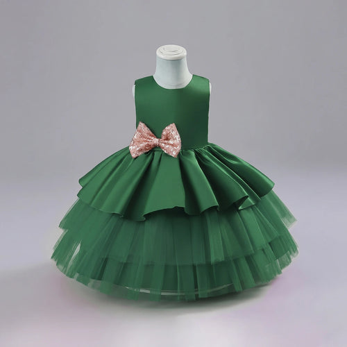 Girls Dark Green Flared Party Wear Dress With Sequin Bow Party Dresses Dark Green 1-2 Y
