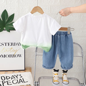 Boys Green Ombre Dyed Short Sleeves T-Shirt With Denim Pants Set 2 pc. Sets