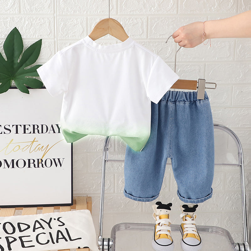 Boys Green Ombre Dyed Short Sleeves T-Shirt With Denim Pants Set 2 pc. Sets