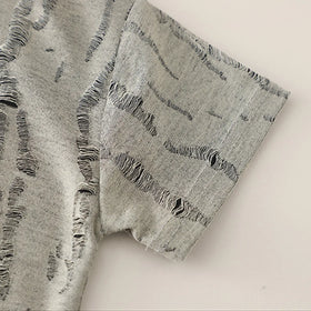 Boys Grey Distress Print Star Applique T-Shirt With Denim Shorts Sets Sets