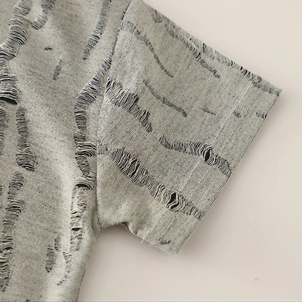 Boys Grey Distress Print Star Applique T-Shirt With Denim Shorts Sets Sets