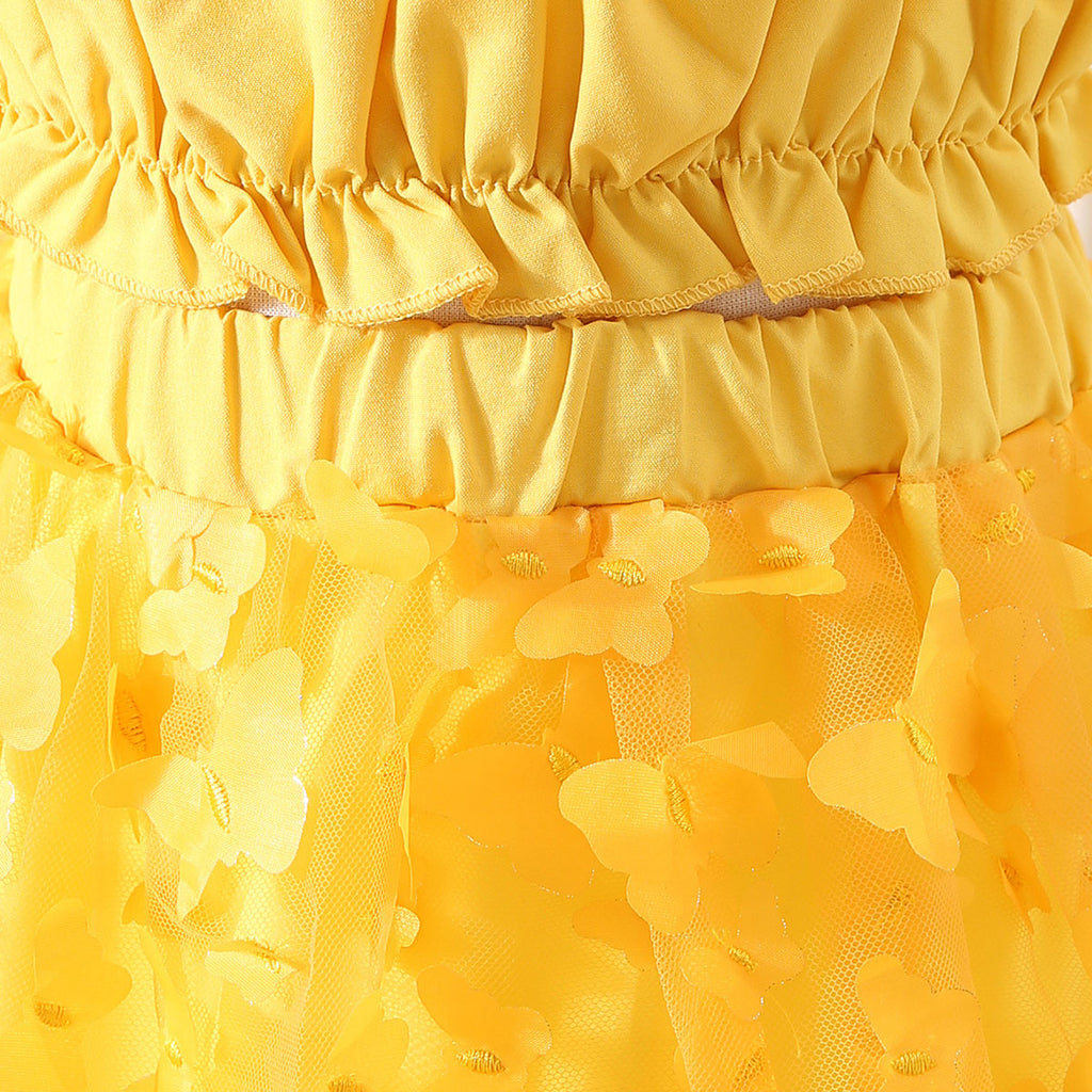 Girls Yellow Shoulder Strap Crop Top With Butterfly Applique Skirt Set 2 pc. Sets