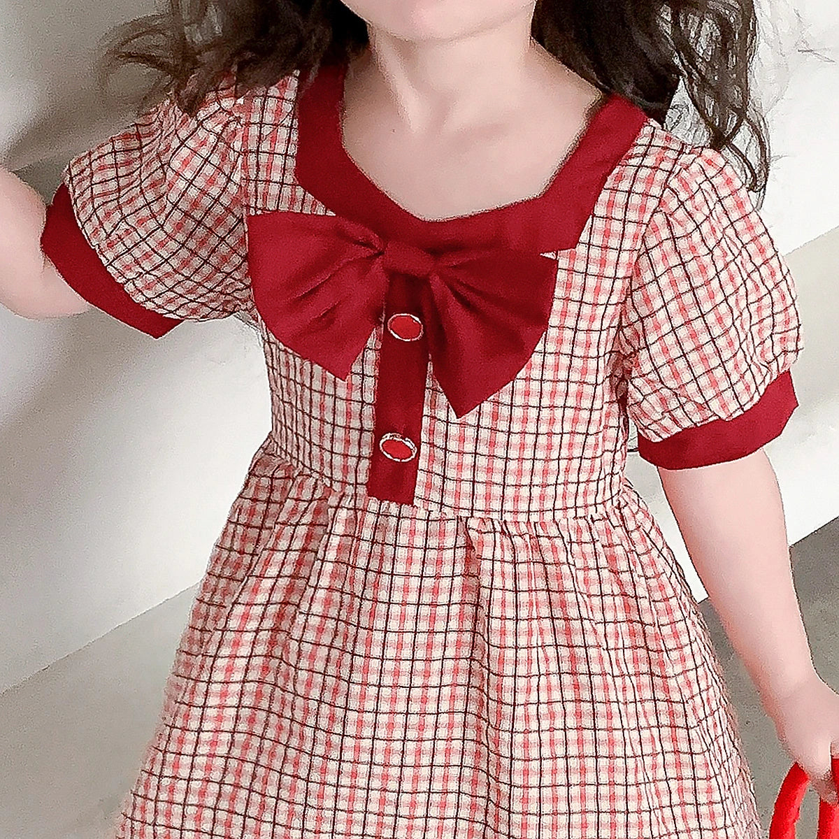 Girls Red Checked Short Sleeve Fit And Flare Dress with Bow Casual Dresses