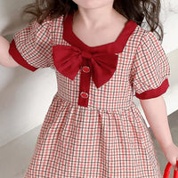 Girls Red Checked Short Sleeve Fit And Flare Dress with Bow Casual Dresses