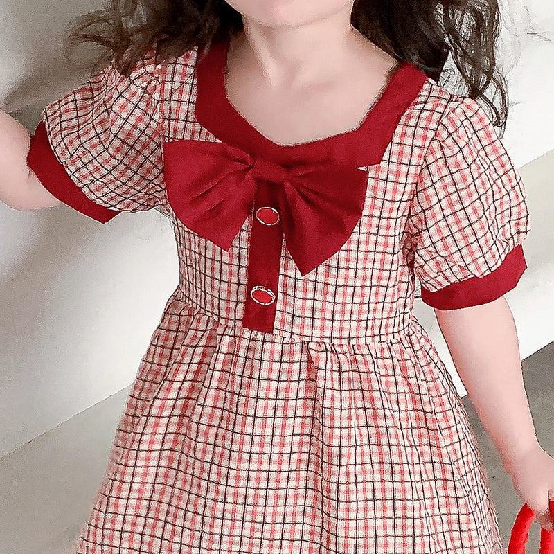 Girls Red Checked Short Sleeve Fit And Flare Dress with Bow Casual Dresses