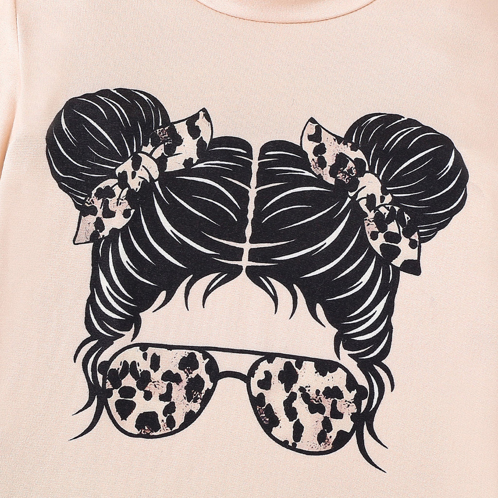 Girls Apricot Graphic Long Sleeves Top With Animal Printed Pants Set 2 pc. Sets