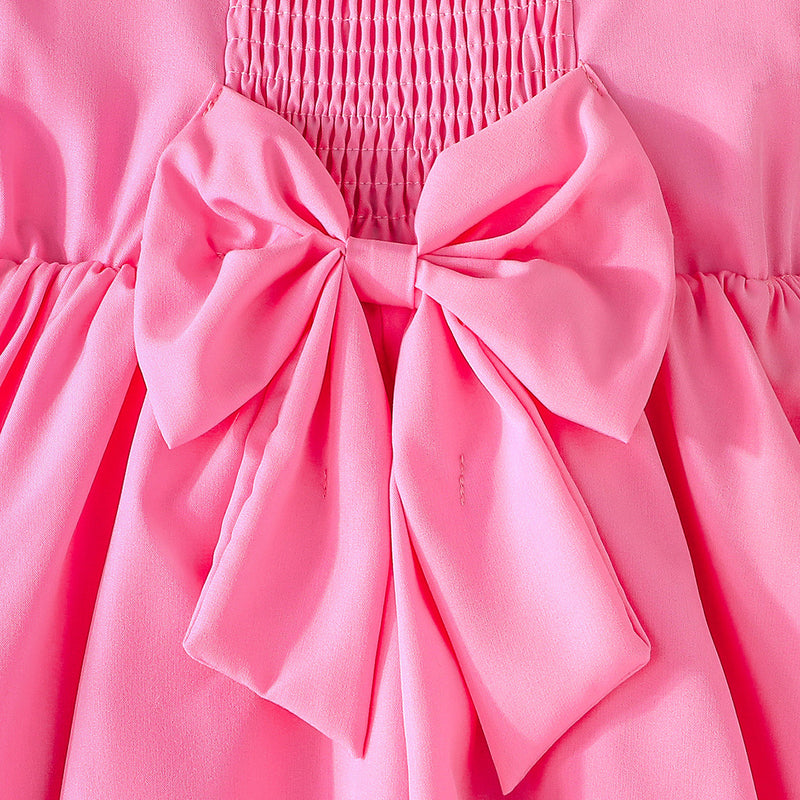 Girls Pink Flowers Applique Cap Sleeves Round Neck Dress Casual Dresses