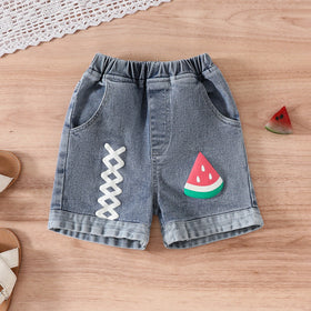 Girls Pink Watermelon Printed Ruffled Top With Denim Shorts Set Sets
