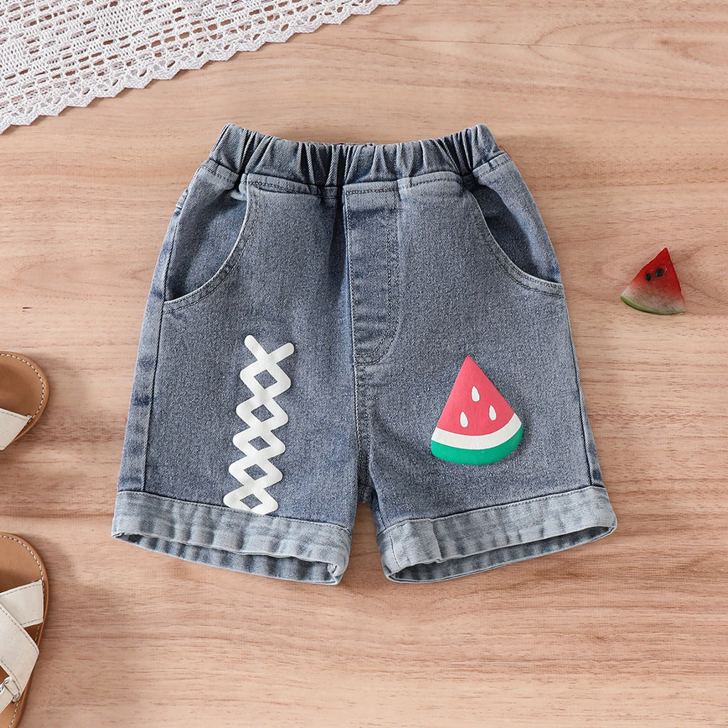 Girls Pink Watermelon Printed Ruffled Top With Denim Shorts Set Sets