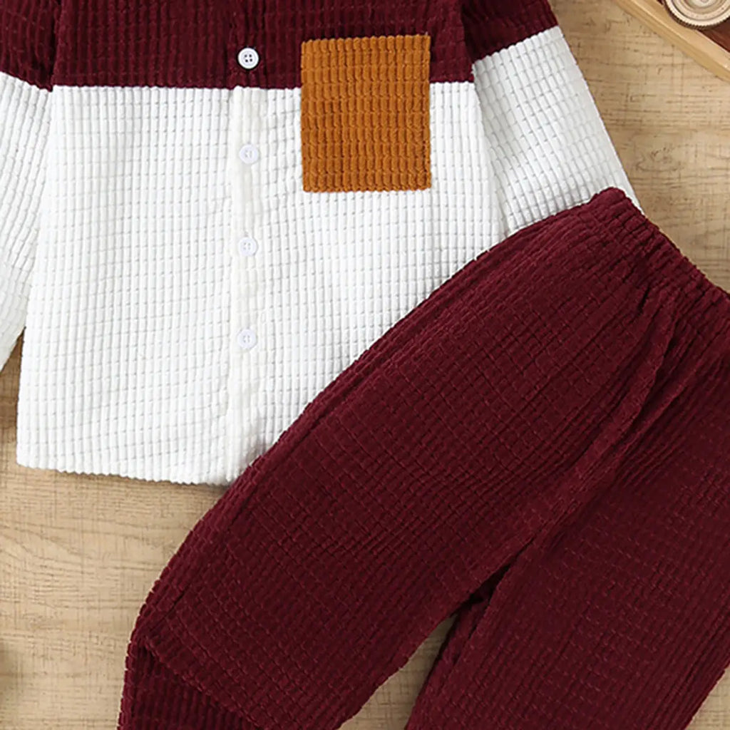 Boys Maroon Corduroy Shirt With Pant Sets Sets