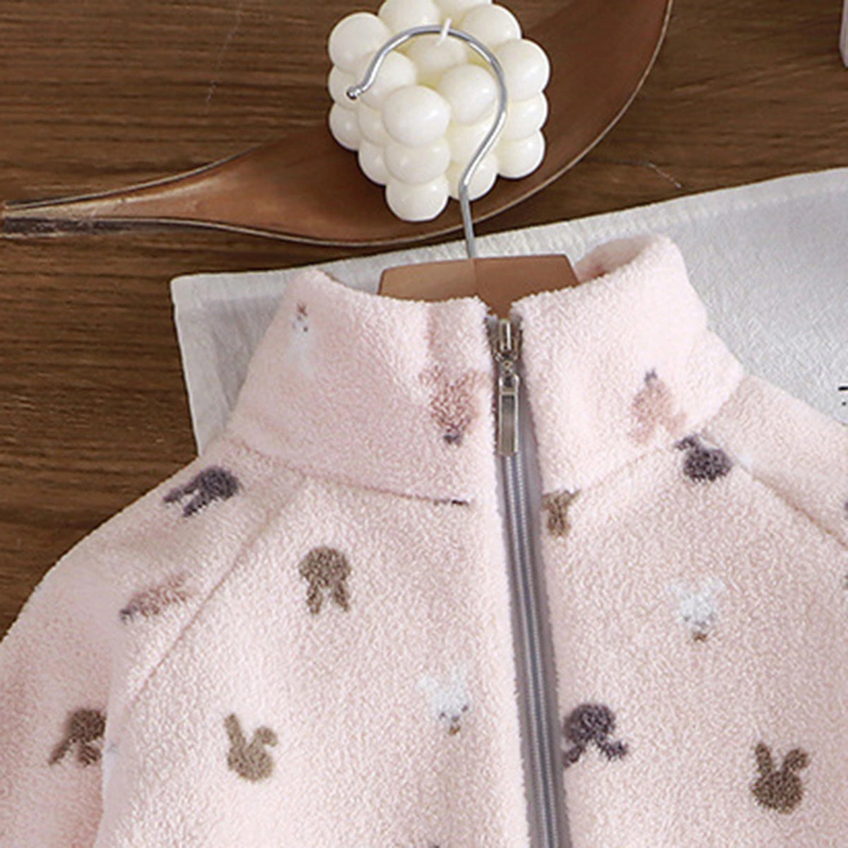 Girls Light Pink Fleece Bunny Cartoon Printed Zip-up Jacket With Jogger Co-ord Sets Sets
