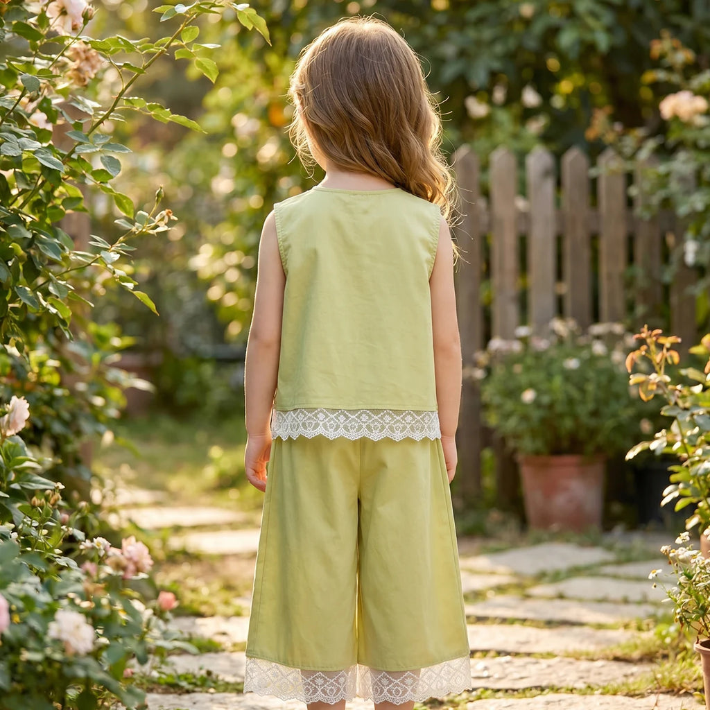 Girls Light Green Bow Applique Sleeveless Top With Pants Sets 2 pc. Sets