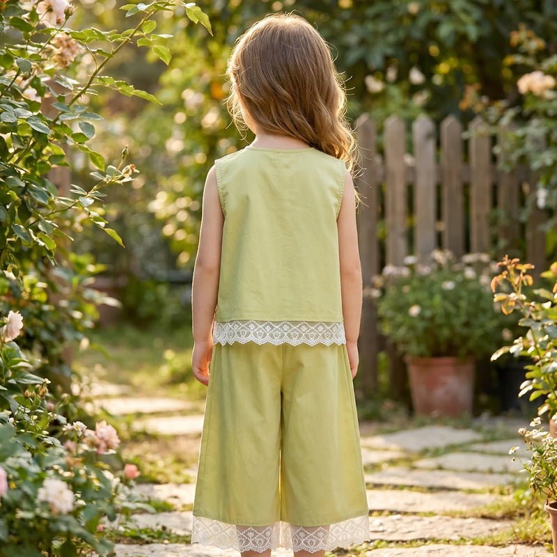Girls Light Green Bow Applique Sleeveless Top With Pants Sets 2 pc. Sets