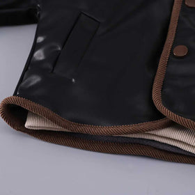 Boys Black Faux Leather Jacket With Striped Hooded Sweatshirt & Jogger Sets Sets