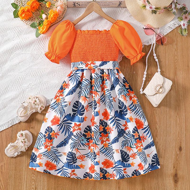 Girls Orange Floral Print Smocked Puff Sleeve Belted Fit & Flare Dress Casual Dresses