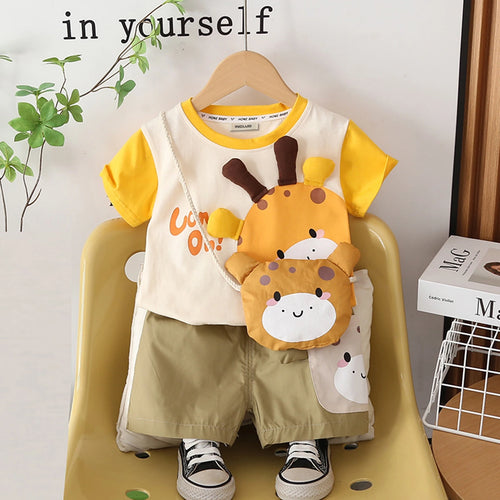 Girls Yellow Short Sleeves T-Shirt With Shorts & Sling Bag Sets Sets Yellow 1-2 Y