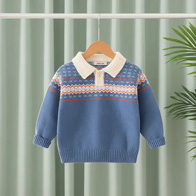 Boys Blue Polo Sweater With Self-Design Jacquard Pattern Sweaters & Cardigans Blue 1-2 Y