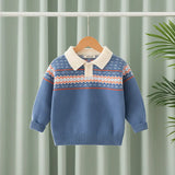 Boys Blue Polo Sweater With Self-Design Jacquard Pattern