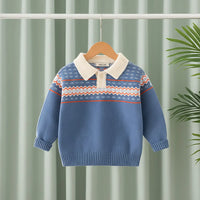 Boys Blue Polo Sweater With Self-Design Jacquard Pattern Sweaters & Cardigans Blue 1-2 Y