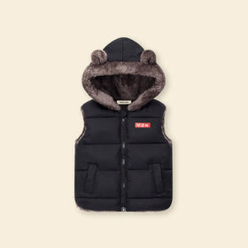 Boys Black Sleeveless Hooded Puffer Vest With Faux-fur Trim Coats & Jackets