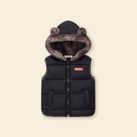 Boys Black Sleeveless Hooded Puffer Vest With Faux-fur Trim Coats & Jackets