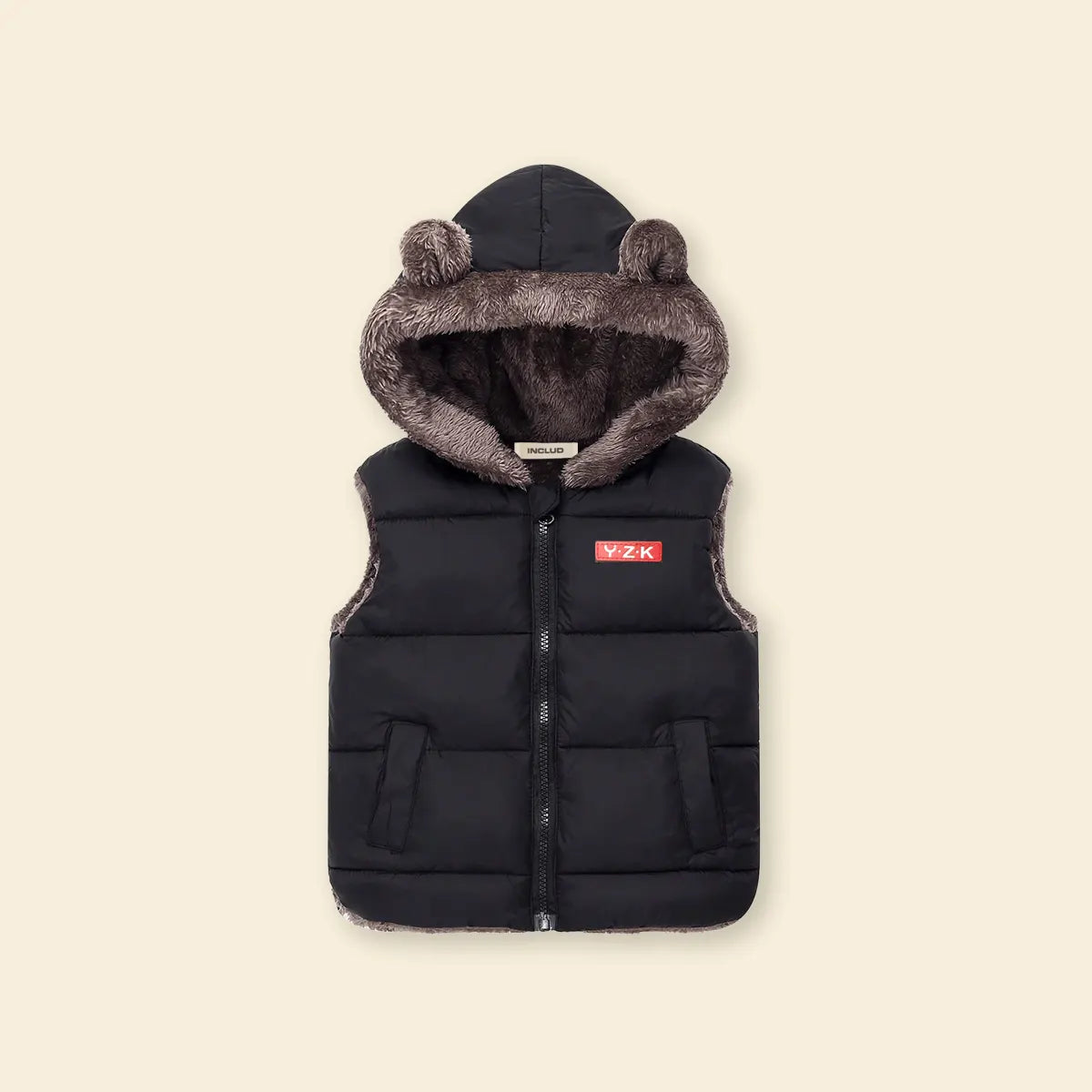 Boys Black Sleeveless Hooded Puffer Vest With Faux-fur Trim Coats & Jackets